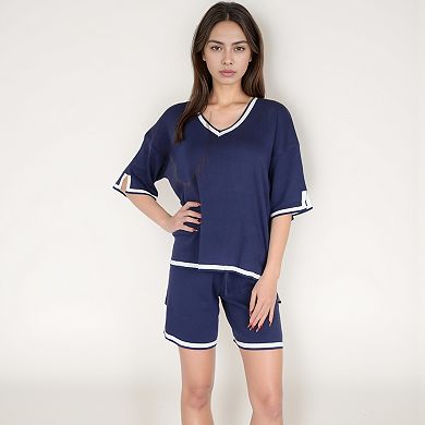 Women's Knit Lounge Set with V-Neck Top and Drawstring Shorts Featuring Contrast Trim