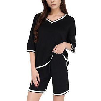 Women's Knit Lounge Set with V-Neck Top and Drawstring Shorts Featuring Contrast Trim