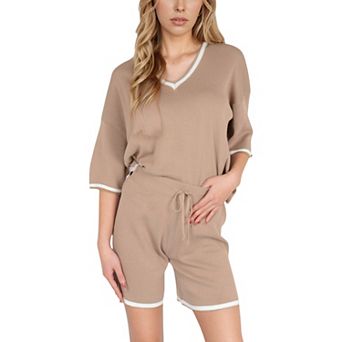Women's Knit Lounge Set with V-Neck Top and Drawstring Shorts Featuring Contrast Trim