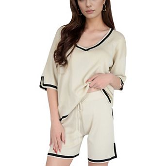Women's Knit Lounge Set with V-Neck Top and Drawstring Shorts Featuring Contrast Trim