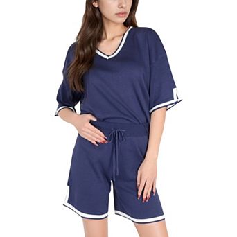 Women's Knit Lounge Set with V-Neck Top and Drawstring Shorts Featuring Contrast Trim