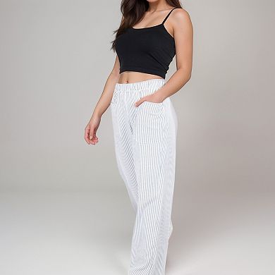 Women's Pink Pinstripe Lounge Pants with Elastic Waistband Large Front Patch Pockets