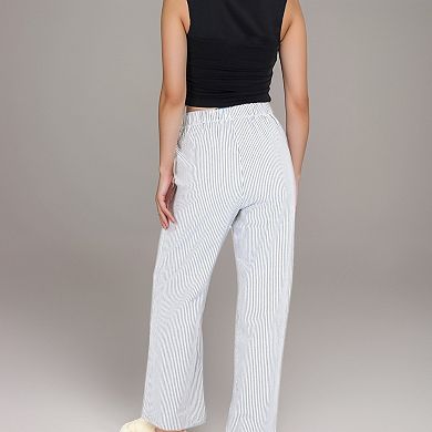 Women's Pink Pinstripe Lounge Pants with Elastic Waistband Large Front Patch Pockets