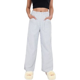 Women's Pink Pinstripe Lounge Pants with Elastic Waistband Large Front Patch Pockets