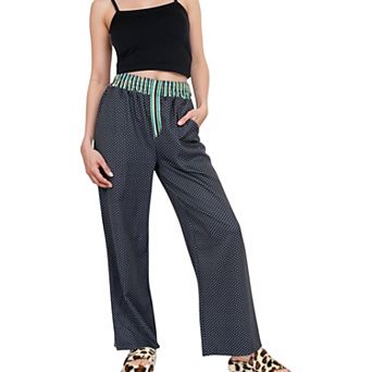 Women's Red Vertical Stripe Wide Leg Pants with Smocked Waistband Contrast Plaid Detail