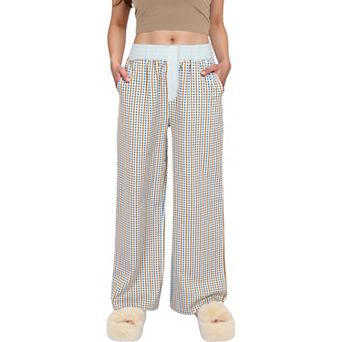 Women's Red Vertical Stripe Wide Leg Pants with Smocked Waistband Contrast Plaid Detail