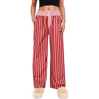 Women's Red Vertical Stripe Wide Leg Pants with Smocked Waistband Contrast Plaid Detail