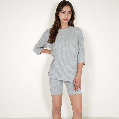 Women's Ribbed Knit Lounge Set with 3/4 Sleeve Top and Fitted Shorts