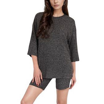 Women's Ribbed Knit Lounge Set with 3/4 Sleeve Top and Fitted Shorts