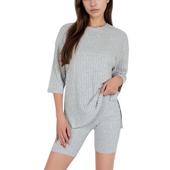 Women's Ribbed Knit Lounge Set with 3/4 Sleeve Top and Fitted Shorts