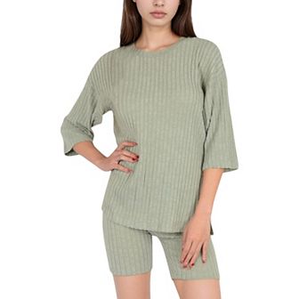 Women's Ribbed Knit Lounge Set with 3/4 Sleeve Top and Fitted Shorts