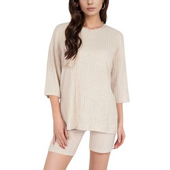 Women's Ribbed Knit Lounge Set with 3/4 Sleeve Top and Fitted Shorts