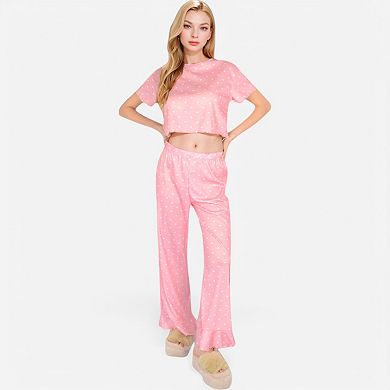 Women's Short Sleeve Lounge Set with Wide Leg Pants and Relaxed Fit