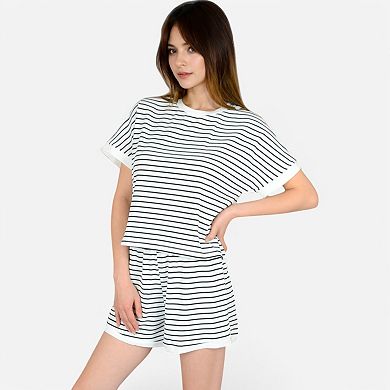 Women's Striped Lounge Set with Cuffed Short Sleeve Top and Elastic Waist Shorts