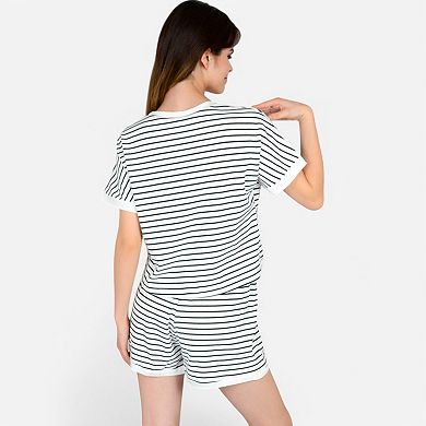 Women's Striped Lounge Set with Cuffed Short Sleeve Top and Elastic Waist Shorts