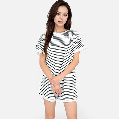 Women's Striped Lounge Set with Cuffed Short Sleeve Top and Elastic Waist Shorts
