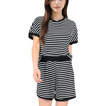 Women's Striped Lounge Set with Cuffed Short Sleeve Top and Elastic Waist Shorts