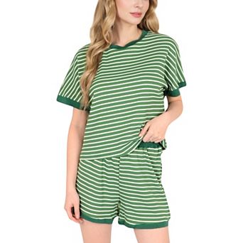 Women's Striped Lounge Set with Cuffed Short Sleeve Top and Elastic Waist Shorts