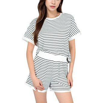 Women's Striped Lounge Set with Cuffed Short Sleeve Top and Elastic Waist Shorts