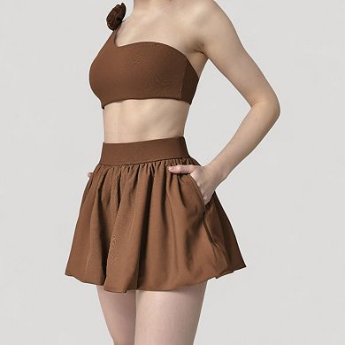 Women's High Waist Pleated Mini Skirt with Wide Waistband and Side Pockets
