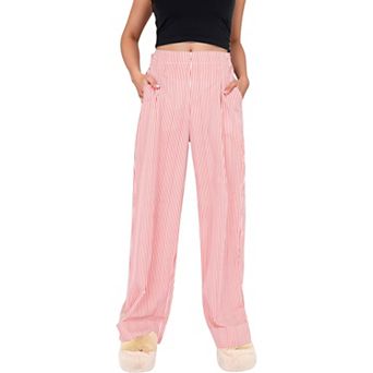 Women's Vertical Red Stripe Wide Leg Pants with High Rise Waistband Relaxed Fit