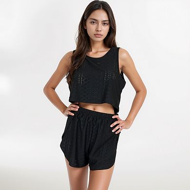 Women's Eyelet Tank and Lounge Shorts Set with Elastic Waist and Relaxed Cropped Fit