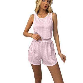 Women's Eyelet Tank and Lounge Shorts Set with Elastic Waist and Relaxed Cropped Fit