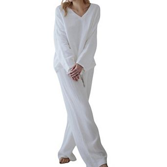 Women's Waffle Textured Lounge Set with V-Neck Top and Wide Leg Pants