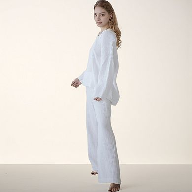Women's Waffle Textured Lounge Set with V-Neck Top and Wide Leg Pants
