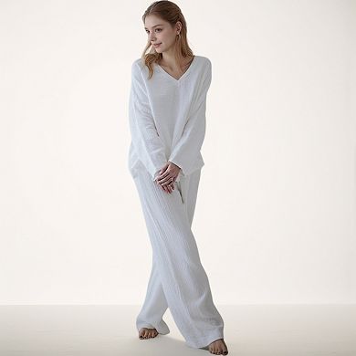 Women's Waffle Textured Lounge Set with V-Neck Top and Wide Leg Pants