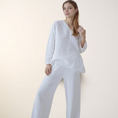 Women's Waffle Textured Lounge Set with V-Neck Top and Wide Leg Pants