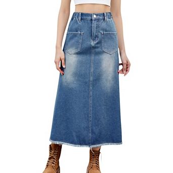 Women's High Waist A-Line Denim Maxi Skirt with Front Patch Pockets and Raw Hem Detail