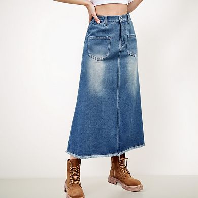 Women's High Waist A-Line Denim Maxi Skirt with Front Patch Pockets and Raw Hem Detail