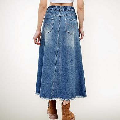 Women's High Waist A-Line Denim Maxi Skirt with Front Patch Pockets and Raw Hem Detail