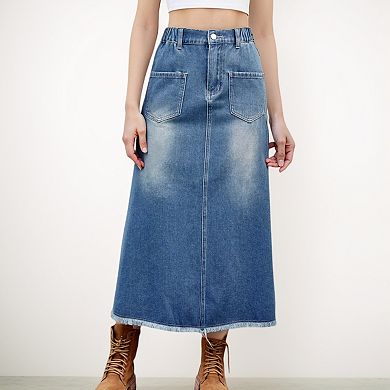 Women's High Waist A-Line Denim Maxi Skirt with Front Patch Pockets and Raw Hem Detail