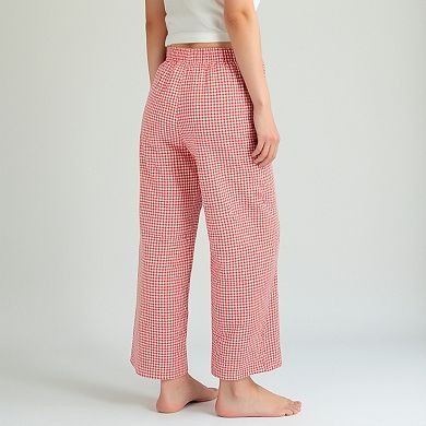 Women's Gingham Print Pajama Pants with High Waist Elastic Drawstring and Relaxed Straight Leg Fit