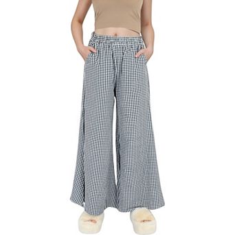 Women's Gingham Wide Leg Lounge Pants with Elastic Waistband Side Pockets