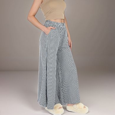 Women's Gingham Wide Leg Lounge Pants with Elastic Waistband Side Pockets