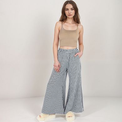 Women's Gingham Wide Leg Lounge Pants with Elastic Waistband Side Pockets