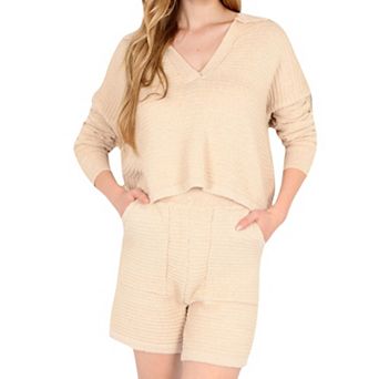 Women's Textured Long Sleeve Pullover and Shorts Set with Collared Neckline