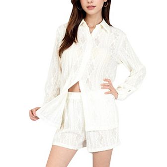 Women's Textured Button-Up Shirt and Shorts Lounge Set