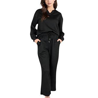 Women's Long Sleeve Pullover and Wide Leg Pants Lounge Set