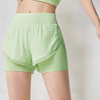 Women's High Waist Layered Athletic Shorts with Mesh Lining and Side Pockets