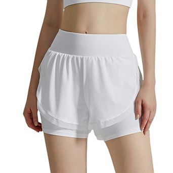 Women's High Waist Layered Athletic Shorts with Mesh Lining and Side Pockets