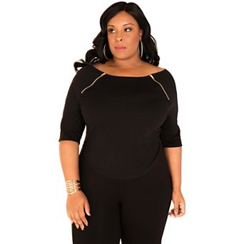 Plus Size Curvy Women's Short Sleeve Shirt Zipper Shoulders