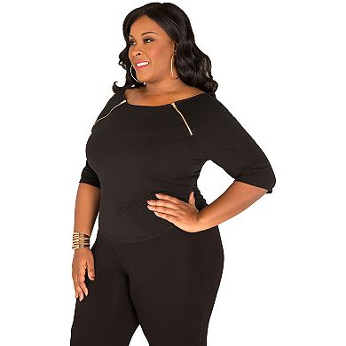 Plus Size Curvy Women's Short Sleeve Shirt Zipper Shoulders