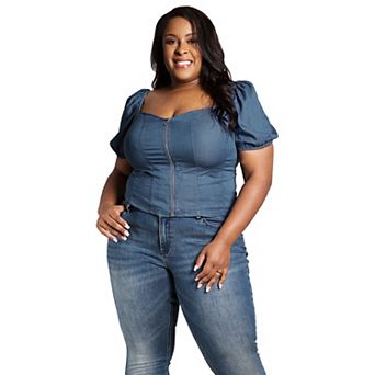 Women's Plus Size Zip Front Puff Sleeves Tencel Corset Top