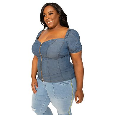 Women's Plus Size Zip Front Puff Sleeves Tencel Corset Top
