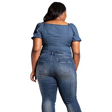 Women's Plus Size Zip Front Puff Sleeves Tencel Corset Top