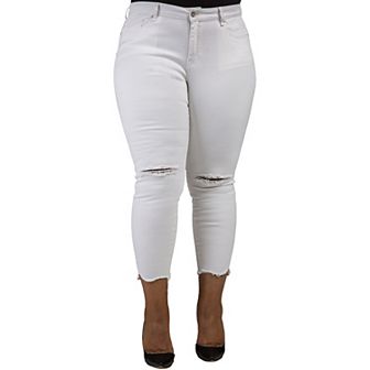 Women's Plus Size Curvy Fit Denim Raw Edge Destroyed Cropped Ankle Jeans